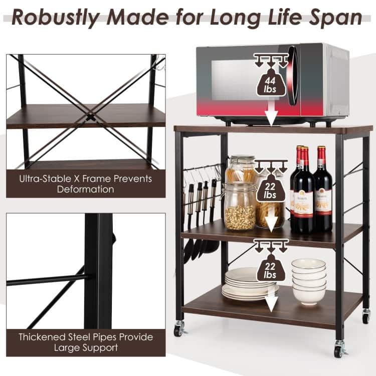 3-Tier Kitchen Baker's Rack Microwave Oven Storage Cart with Hooks - 23.5" x 16" x 29" (L x W x H)