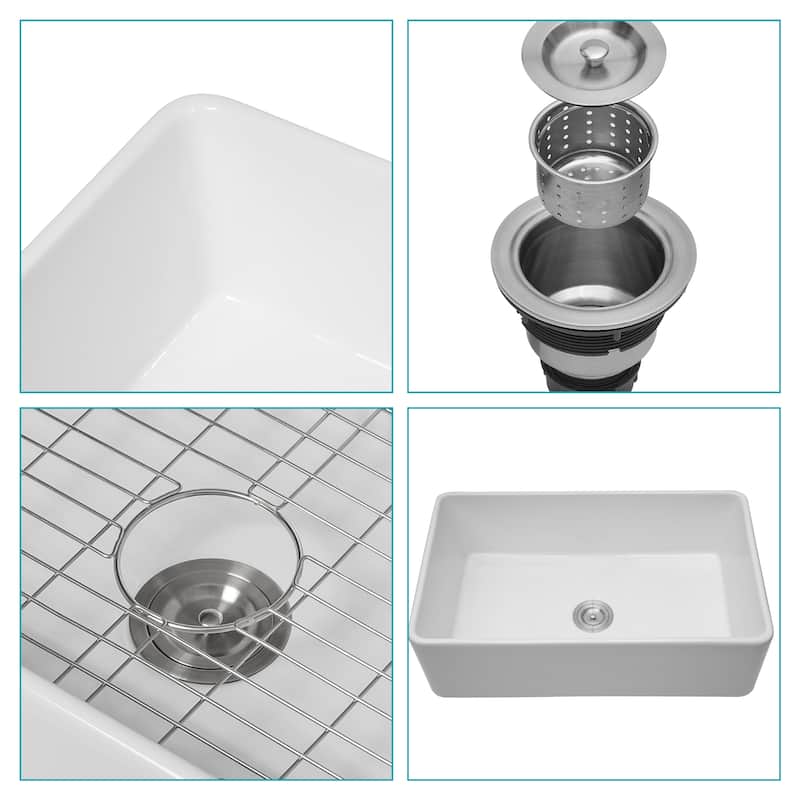 33 Inch White Farmhouse Kitchen Sink Apron Front Ceramic Single Bowl Kitchen Sinks - 33 x 20
