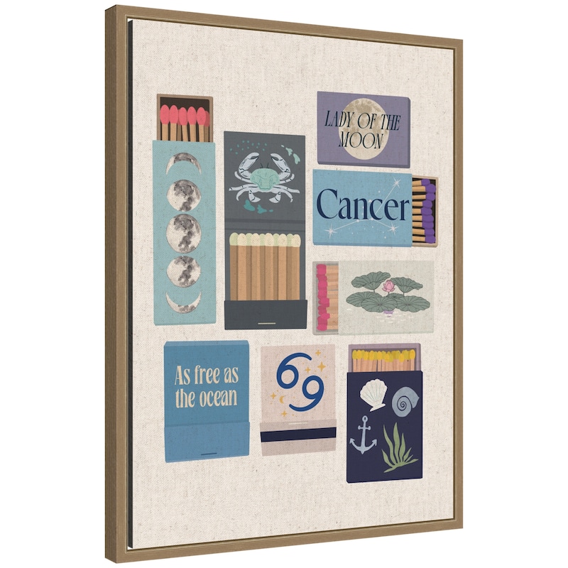 Kate and Laurel Cancer Matchbook Linen FC by Megan Ryan Framed Canvas Wall Art Print - 18x24
