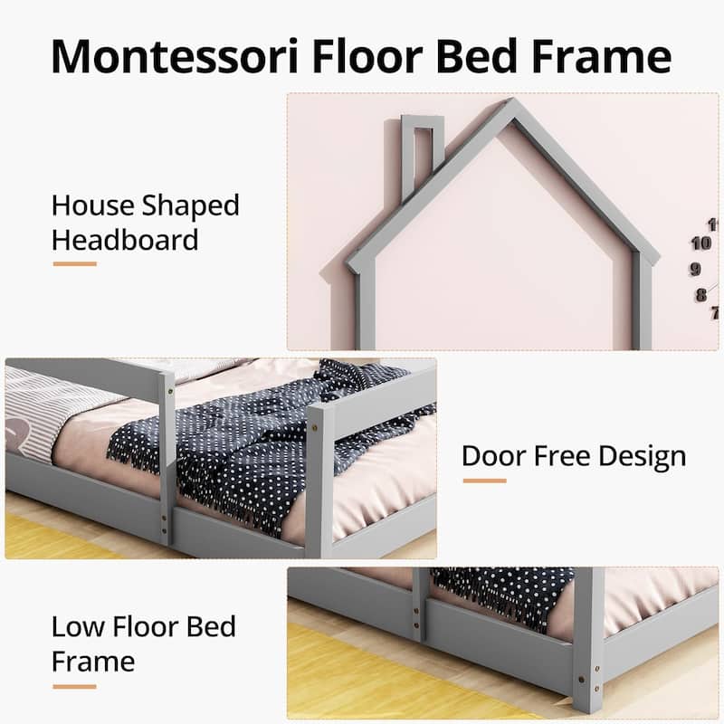 Twin Size House-Shaped Headboard Floor Bed with Fences