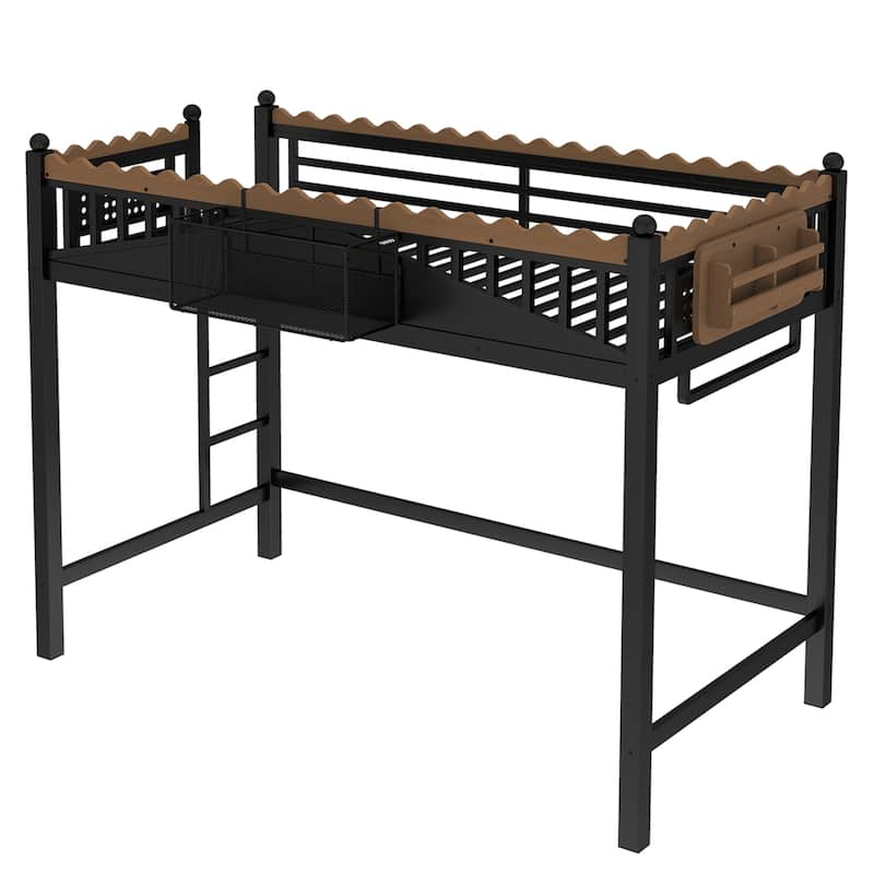 Modern Metal Loft Bed with Shelves & Bookshelf, Ladder Entry, No Box Spring Needed, Multi-Size