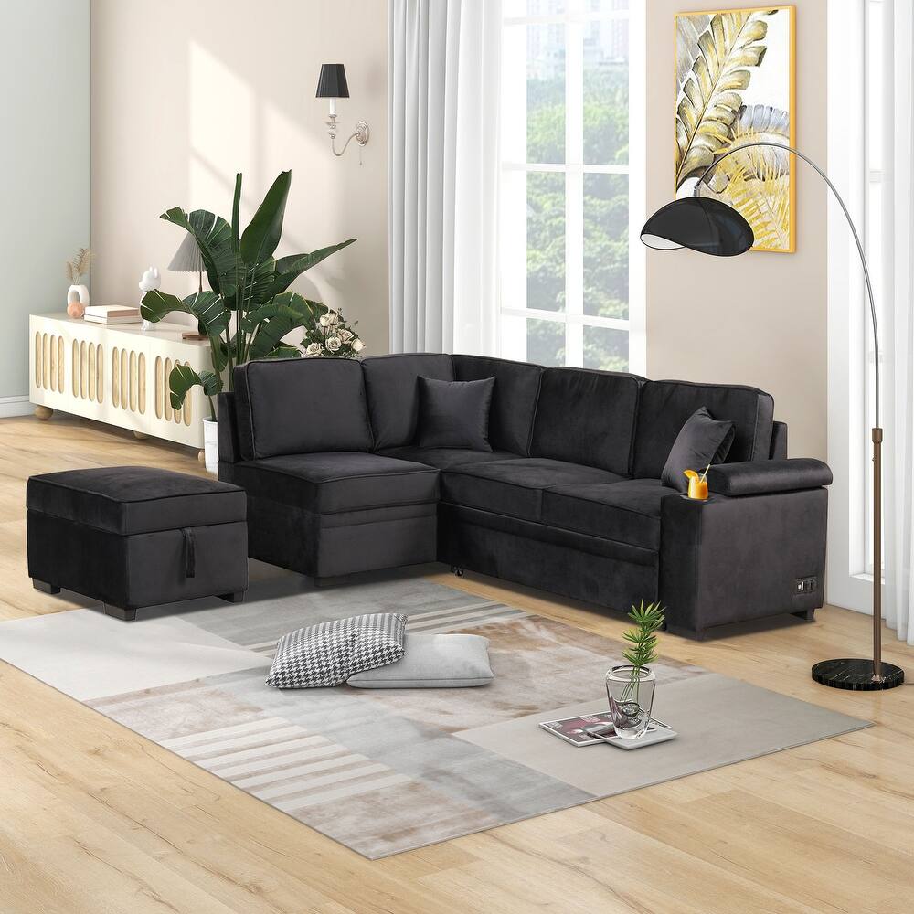 84.75" L-Shaped 5 Seater Sectional Sofa with Storage Ottoman, 2-in-1 Pull-Out Couch for Living Room