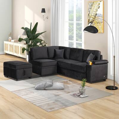 84.75'' L-Shaped 5-Seat Sectional Sleeper Sofa Bed with Storage Ottoman and Pull-Out Feature, Perfect for Living Room