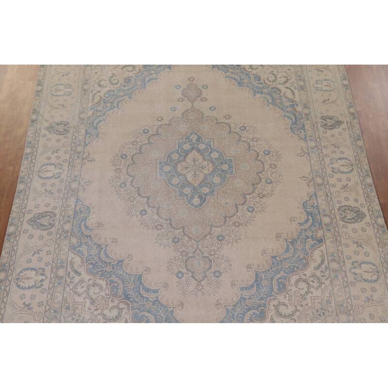 Hand Knotted Oriental 100% Wool Carpet Traditional Medallion Beige & Ivories Tabriz Area Rug - 12' 10'' X 9' 6''