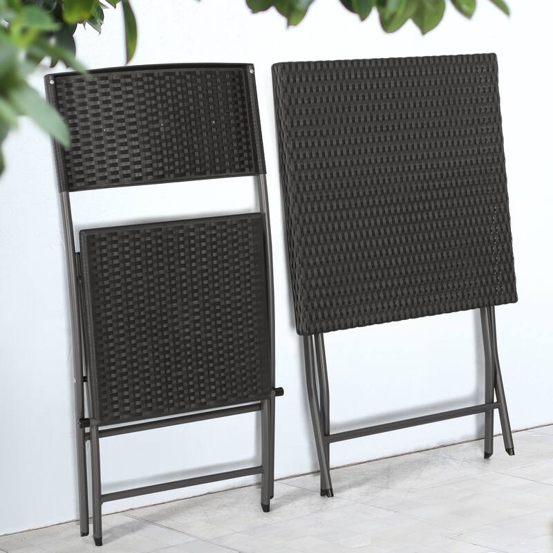 Outdoor 3 Pieces Folding Bistro Set, Waterproof PP Rattan Table and Chairs