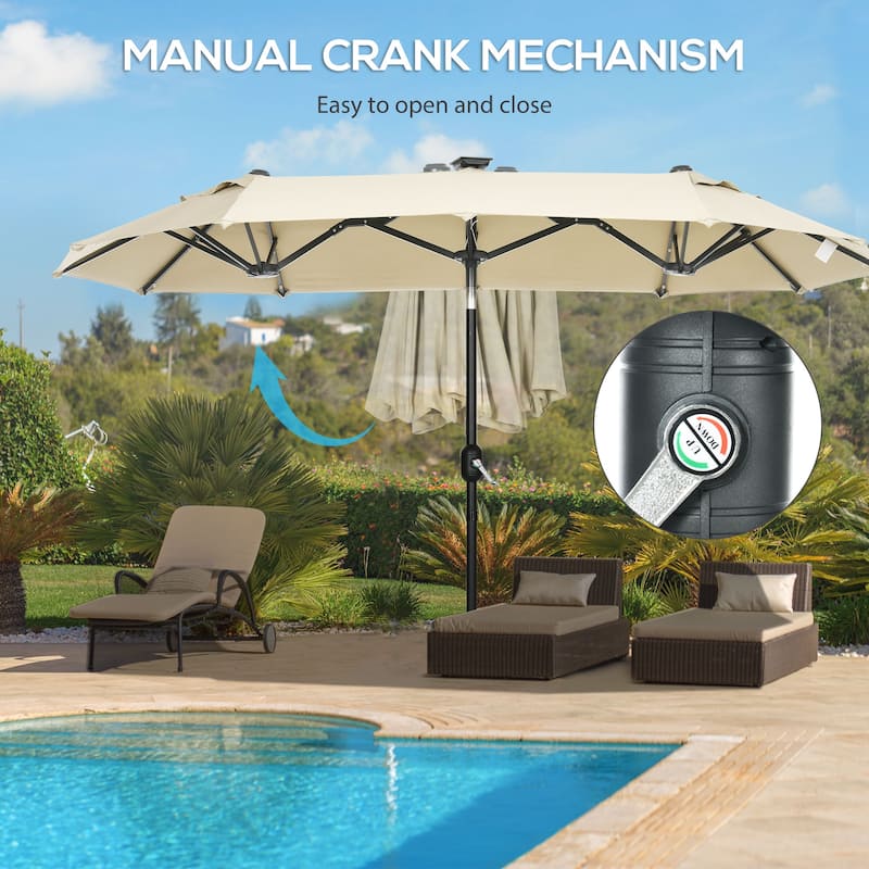 Outsunny Double-sided Patio Umbrella with Solar Lights and Sandbag Base, Outdoor Table Umbrella with Push Button Tilt, Crank
