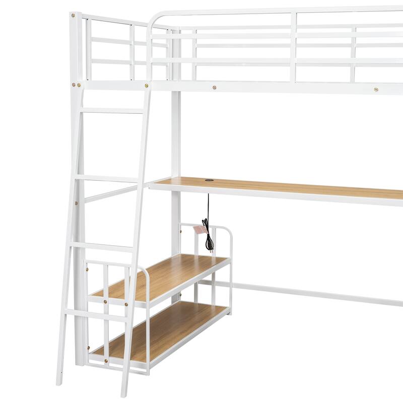 Heavy Duty Metal Bed Frame, Twin Size Loft Bed with Wood Desktop Desk, Storage Shelves and Charging Station for Bedroom