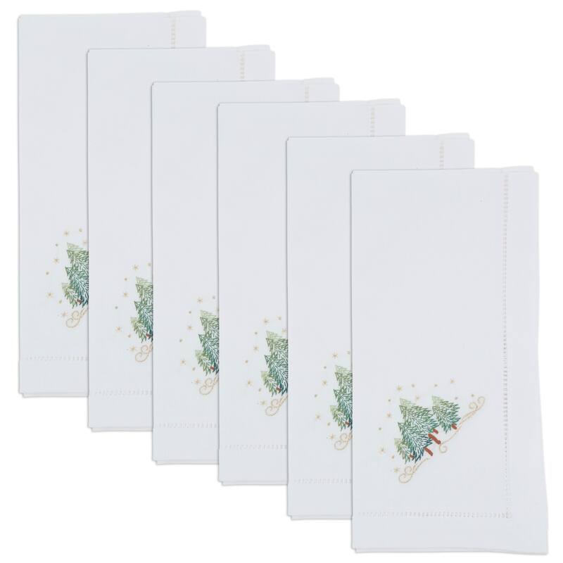 Embroidered Holiday Tree Cotton Napkins (Set of 6) - Hemstitch Border with Seasonal Tree Motif, 20"x20"