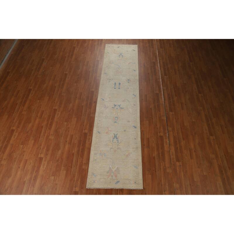 Hand Knotted Oriental 100% Wool Carpet Transitional Floral Beige & Ivories Oushak Runner Rug - 11' 9'' X 2' 9''