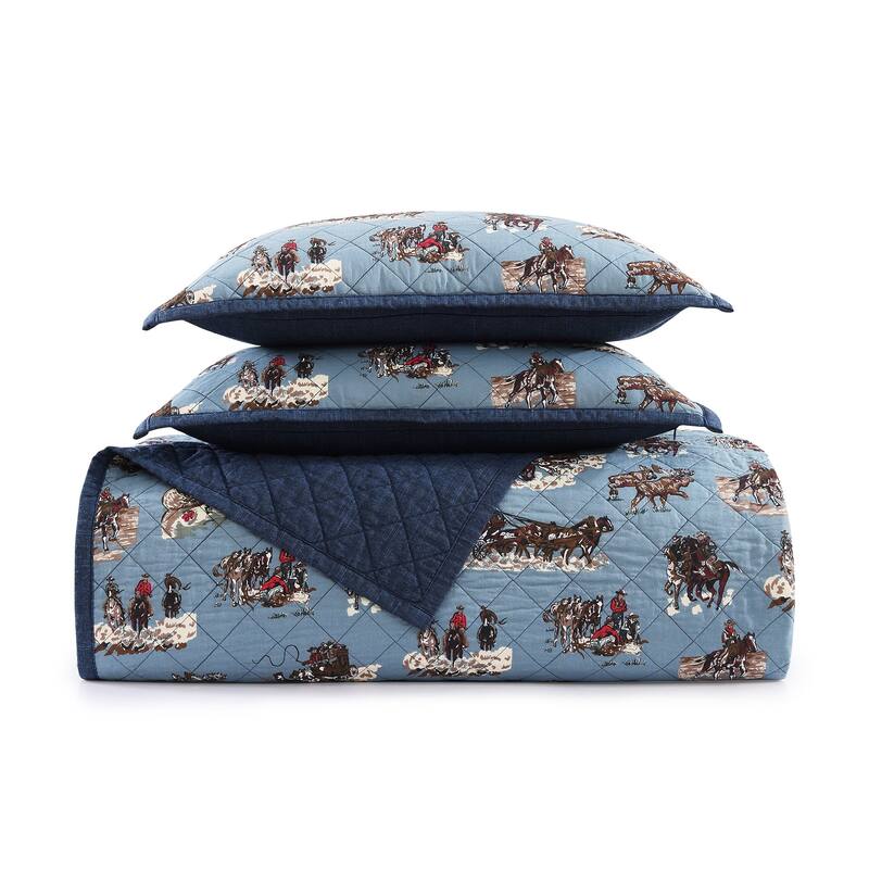 Tasha Polizzi Settler Blue Western Print and Solid Chambray Back 3 Piece Reversible Quilt with Pillow Shams