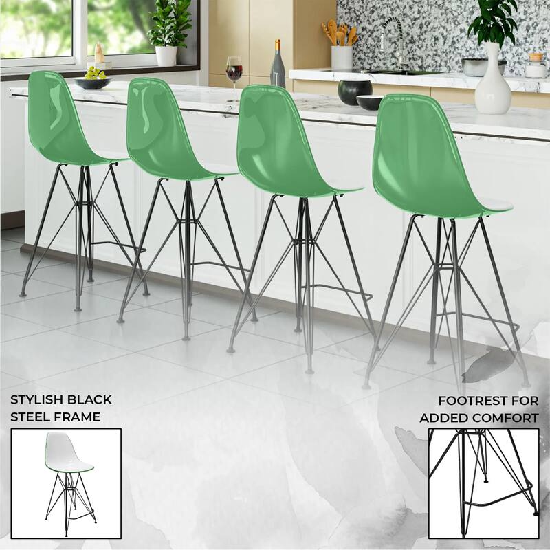 Cresco Acrylic Barstool in Brushed Black Steel Base with Ergonomic Seat, Footrest, & Floor Pads for Kitchen or Home Bar Set of 2