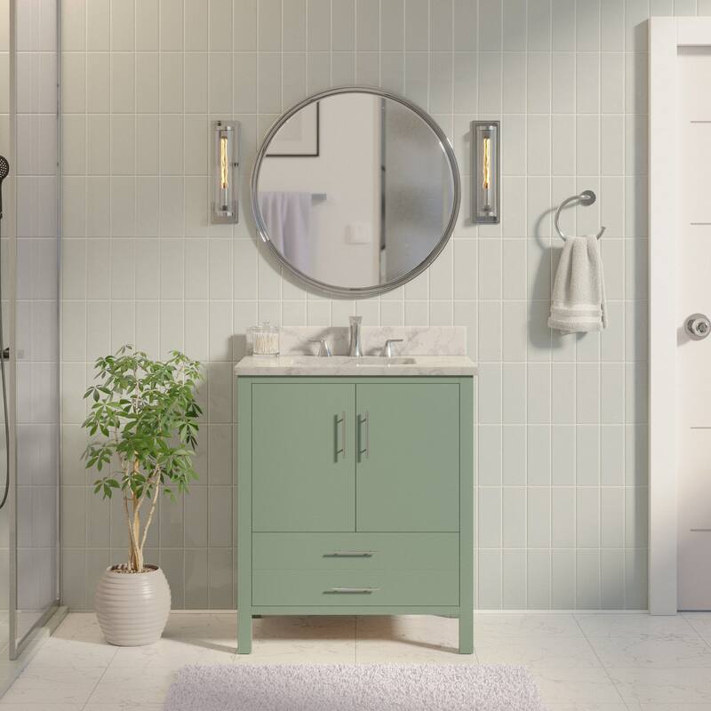 KitchenBathCollection California 30" Bathroom Vanity with Carrara Marble Top - Sage Green