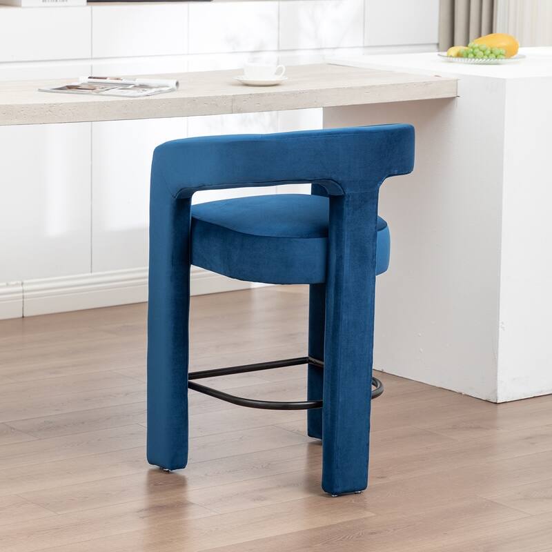 SEYNAR Modern Velvet 34.6''H Fixed Height Open-Back Bar Stool with Metal Footrest