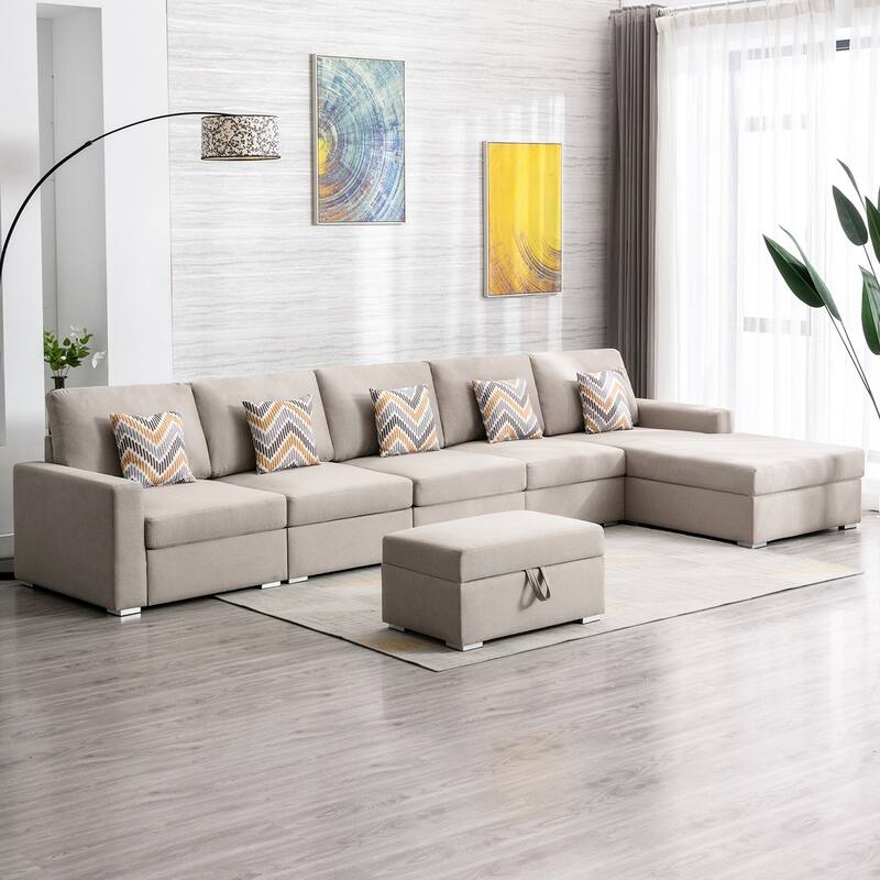 Linen Fabric 6 Piece Reversible Sectional Sofa Chaise with Interchangeable Legs, 5 Pillows and Storage Ottoman in Beige