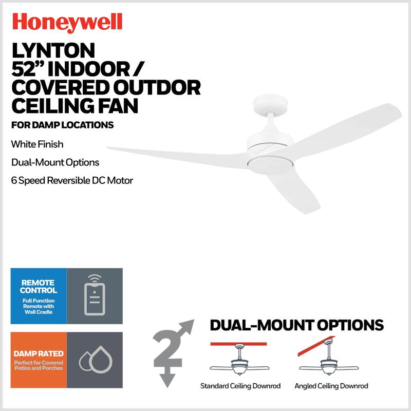 52" Honeywell Lynton White Indoor/Outdoor Damp-Rated Ceiling Fan with Remote Control, 6-Speed BLDC Motor