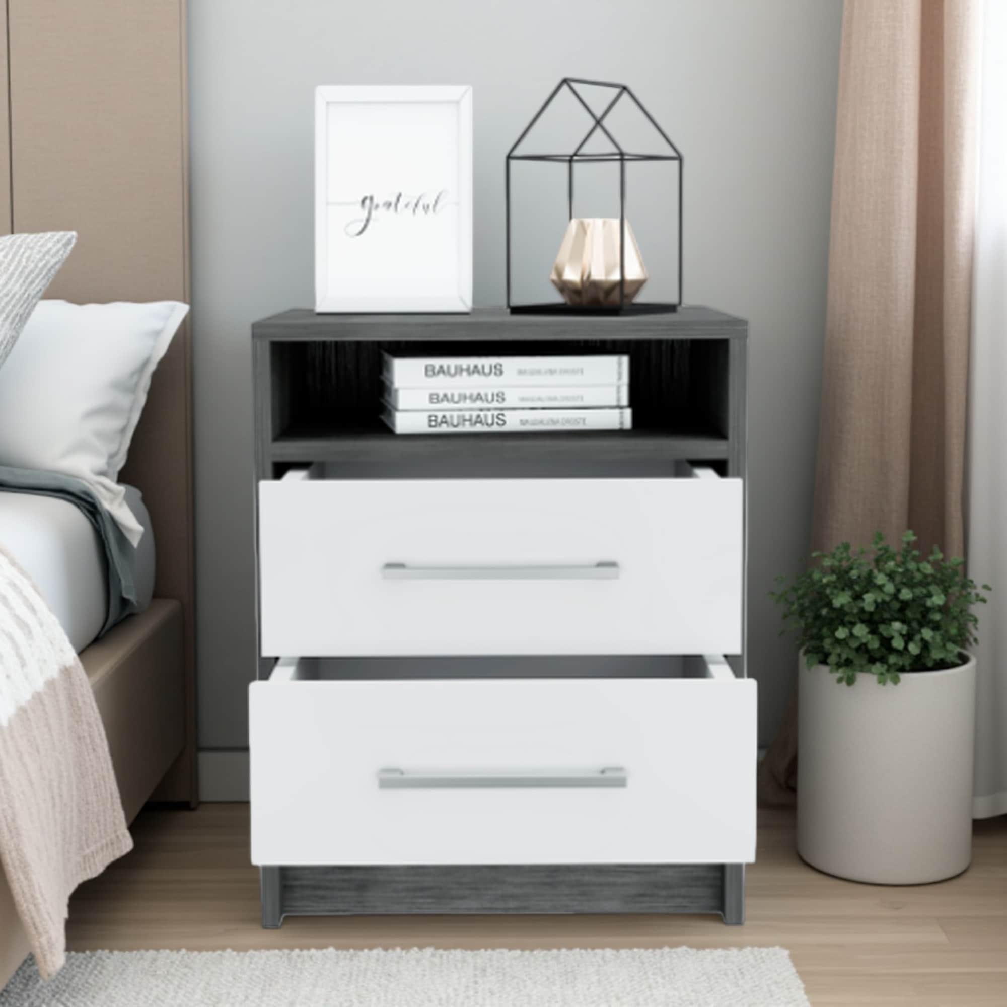 15.7"L Wood Nightstand with Two Drawers & Open Shelf, Superior Top, Metal Handles