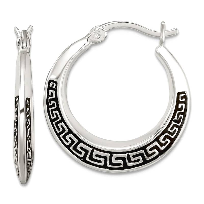 Curata 925 Sterling Silver Rhodium or Gold Plated Black Enamel Greek Key Hoop Earrings - 22x2mm