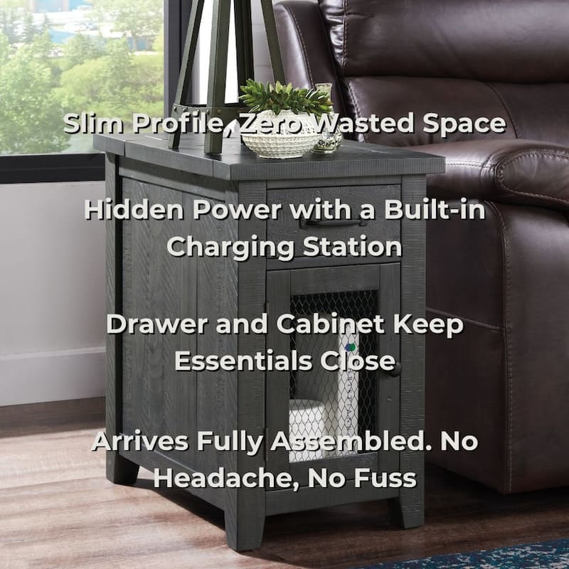 Rustic Solid Wood Chairside End Table with Hidden Charging Station
