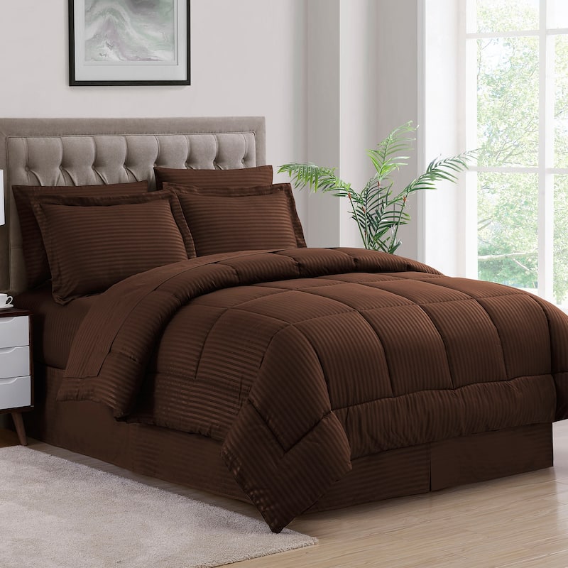 Soft Dobby 8-piece Striped Down Alternative Bed-in-a-Bag Set w/ Sheets - Chocolate - Twin