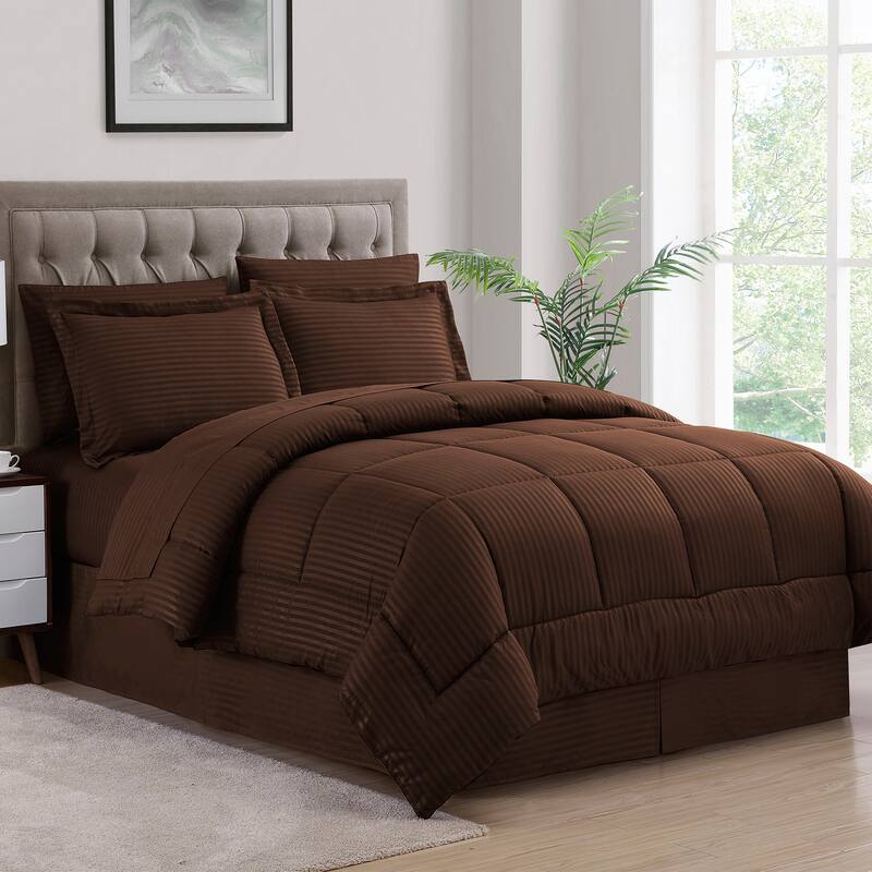 Sweet Home Collection 8 Piece Embossed Dobby Stripe Bed In A Bag All Season Complete Set - Chocolate - Queen