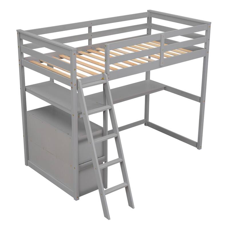 Twin/Full Loft Bed with Desk and Two Drawers, Sturdy Pine Wood Frame with Shelves