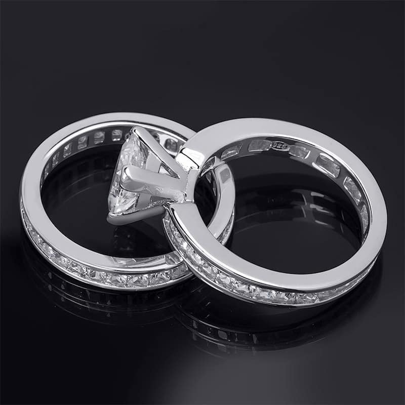 Womens CZ Wedding Band Engagement Ring Set 2.5 CT Princess Cut Silver