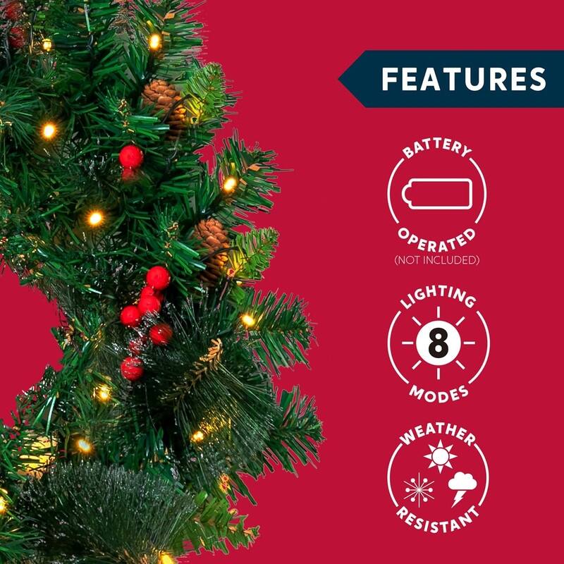 Joyfy 20" Artificial Christmas Wreath with 15" Hanger, Battery Operated