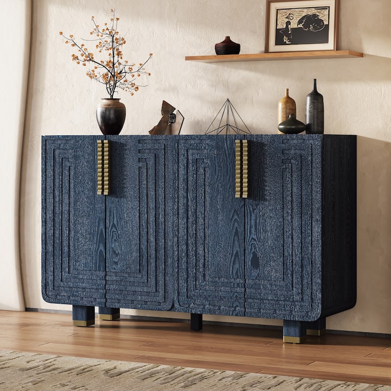 4 Doors Fluted Sideboard Buffet Cabinet, Large Wood Storage Cabinet, Accent Cabinet with Adjustable Shelves & Support Legs - Antique Navy