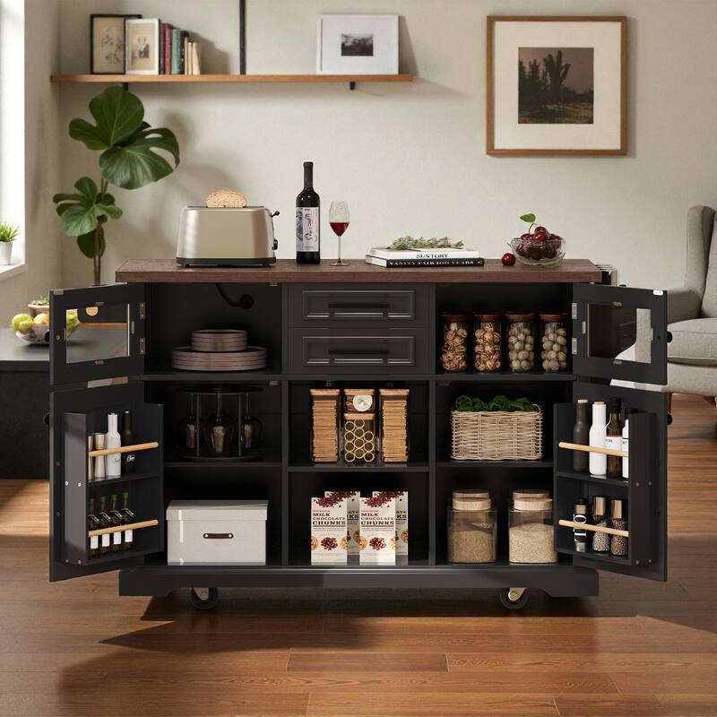 54.9" Farmhouse Kitchen Island with Drop Leaf, Power Outlet, Glass Door, 4 Storage Shelves & Barn Doors on Wheels