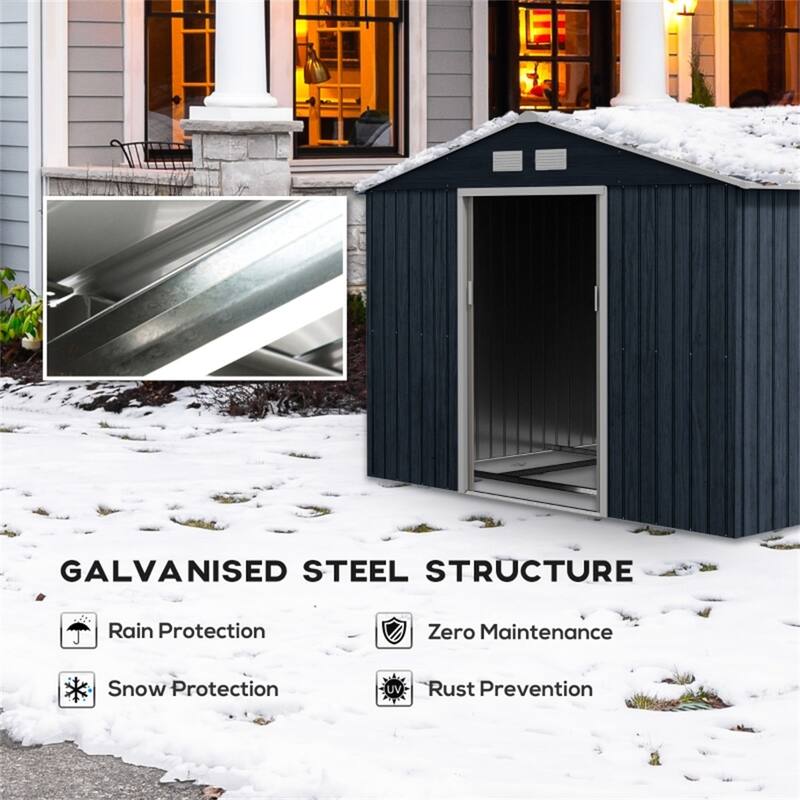 Large Galvanized Steel Garden Storage Shed with Sloped Roof and Ventilation Dark Gray 109 Inch - 109" L x 76.75" W x 75.5" H