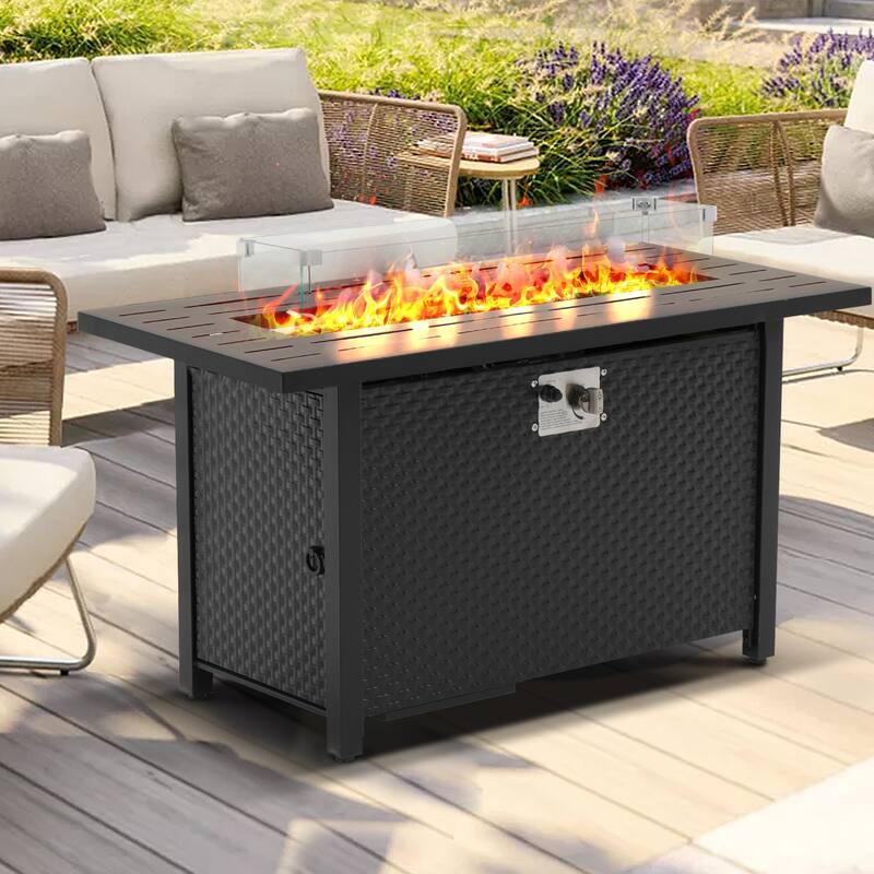 45 inch Outdoor Propane Fire Pit 50,000 BTU Gas Fire Pit Table with Lid, Glass Wind Guard, Rectangle Gas Firepit Table - Propane - Black