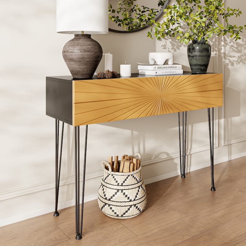 Wood Console Table with Radial Sunburst Drawers, Sofa Table with Soft-Close Storage, Entryway Accent Table with Open Shelf