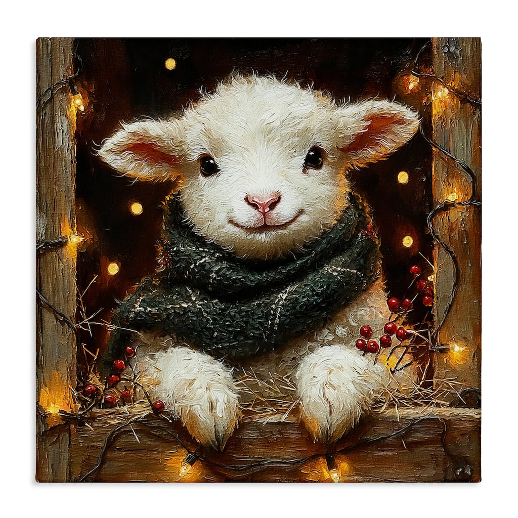 Stupell Festive Lamb with Holiday Lights Canvas Wall Art Design By Riley B