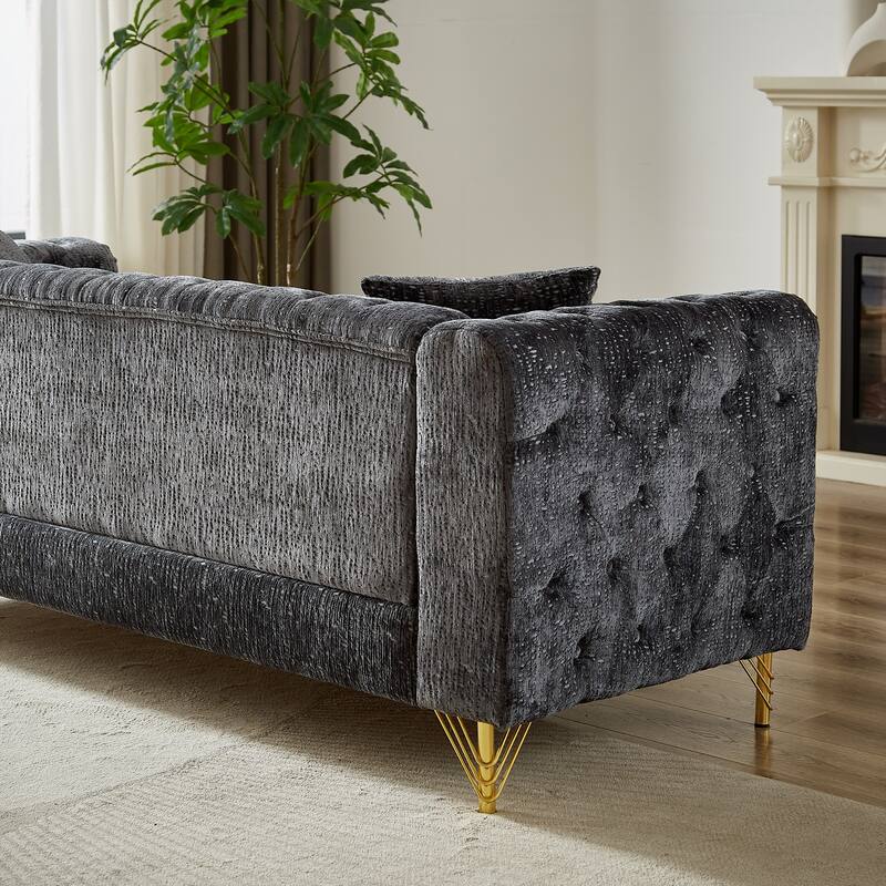Buttons Tufted Pull Buckle Design Sofa with Copper Nail Decoration Armrest and Metal Legs