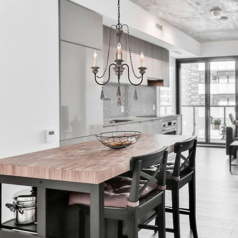 3-Light Slate Wood and Black Chandelier with Wooden Beads Hanging