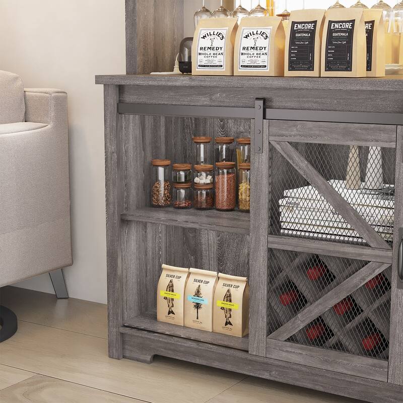 Gymojoy 16-Color LED Bar Cabinet with Wine Rack, White Kitchen Hutch for Coffee Bar & Dining Room, Farmhouse Storage Cabinet