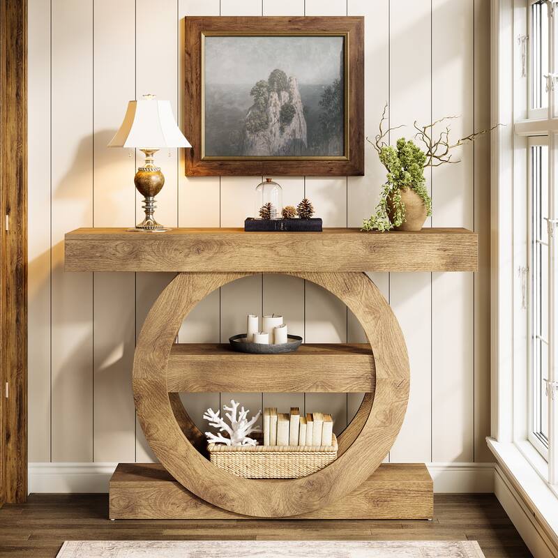 41.3" Farmhouse Console Table, 3-Tier Sofa Table - LightBrown - Wood
