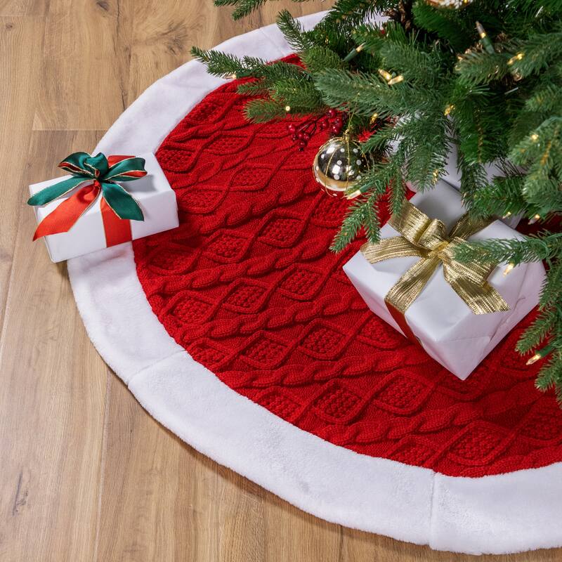 Cable Knit Christmas Tree Skirt - 48" - Red and White