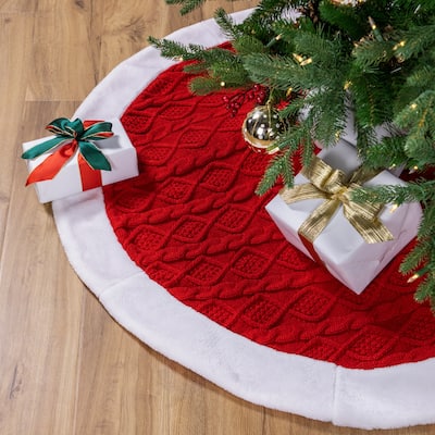 Cable Knit Christmas Tree Skirt - 48" - Red and White