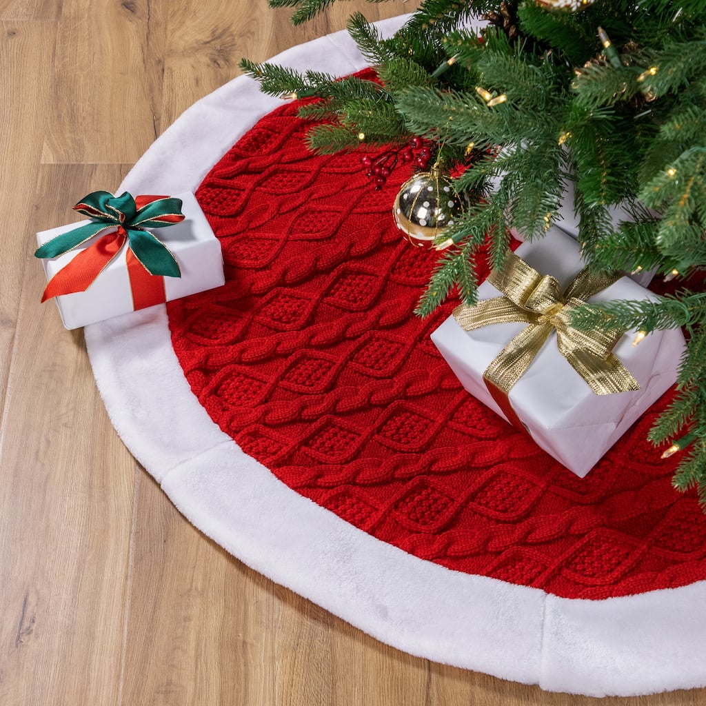Cable Knit Christmas Tree Skirt - 48" - Red and White