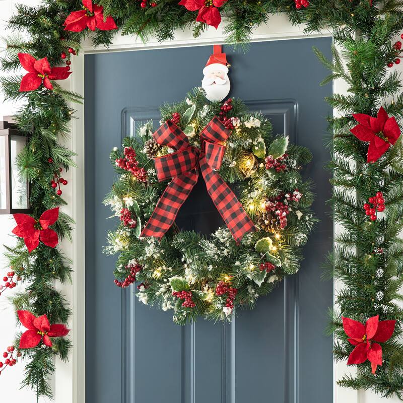 Glitzhome 24"D Snow Berry Twig Ball Pinecone Holly Pine Wreath with Lights & Timer