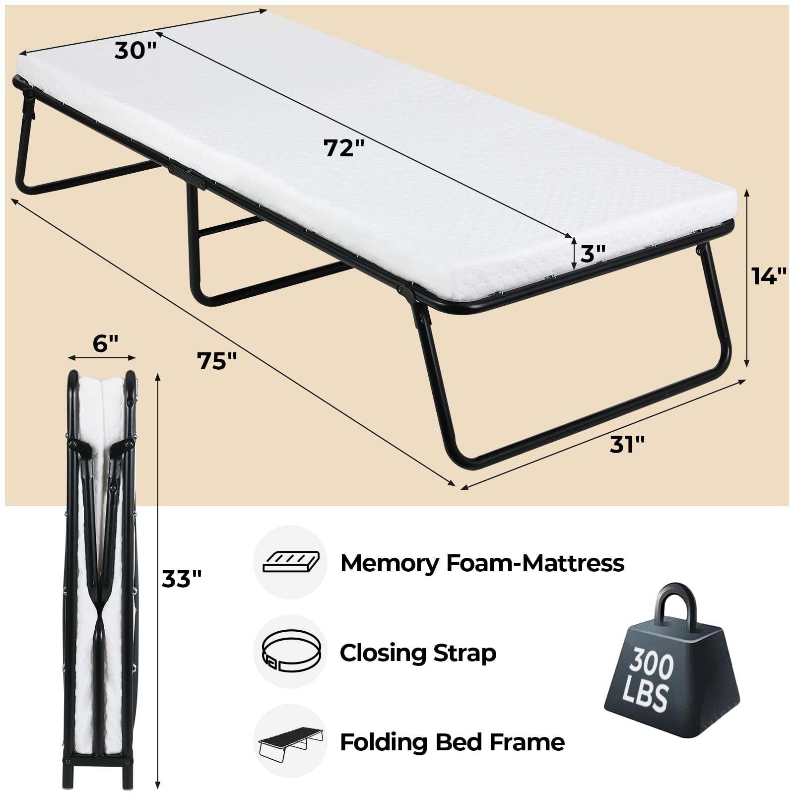 LEISUIT Rollaway Guest Bed Cot Fold Out - Portable 75 x 31 x 14inch