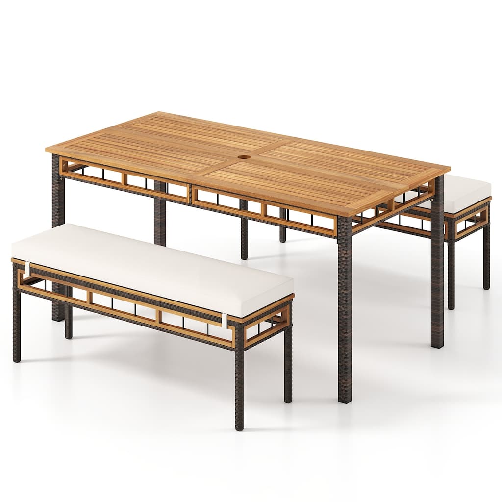 Gymax Set of 3 Acacia Wood Patio Dining Set w/1.97'' Umbrella Hole &