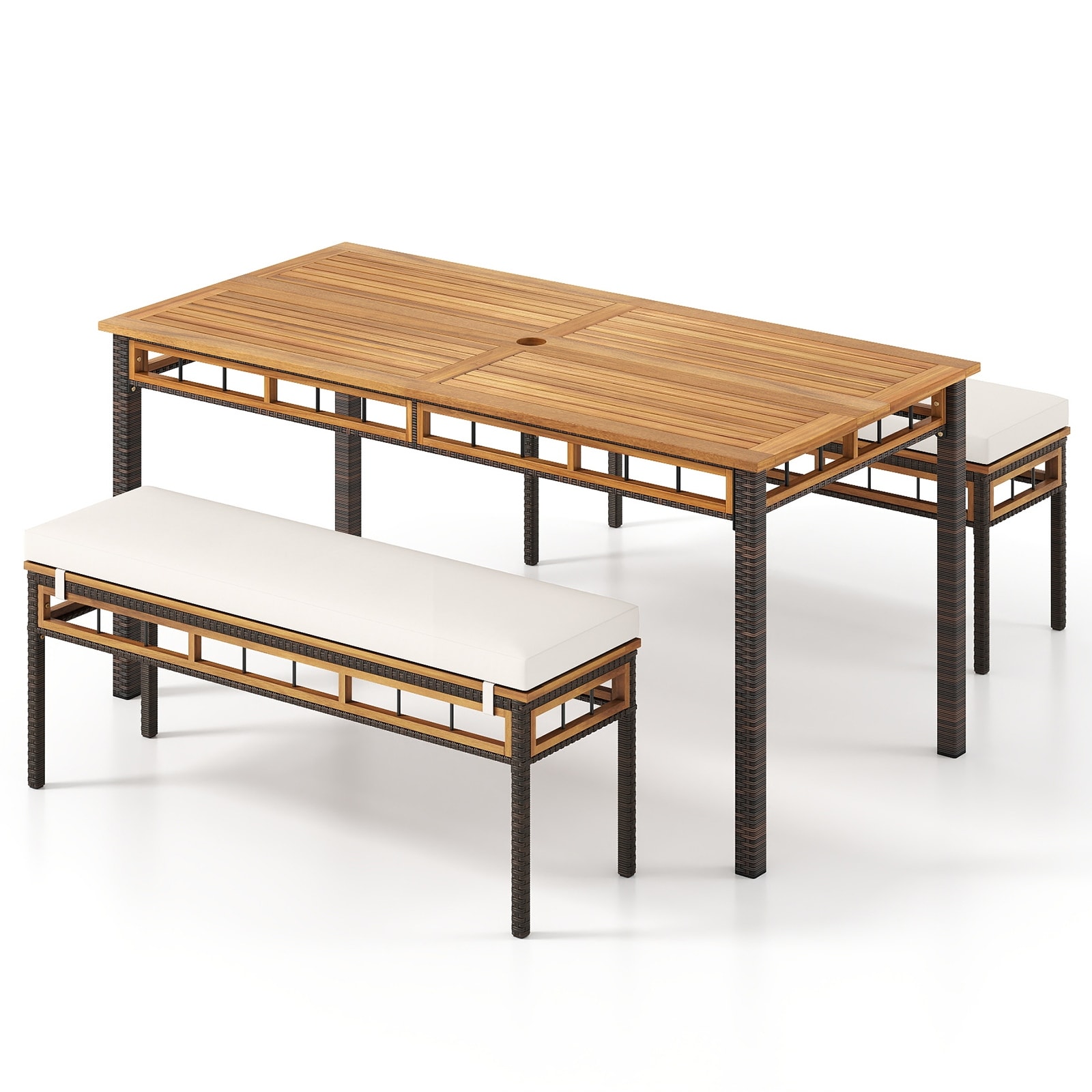Gymax Set of 3 Acacia Wood Patio Dining Set w/1.97'' Umbrella Hole &