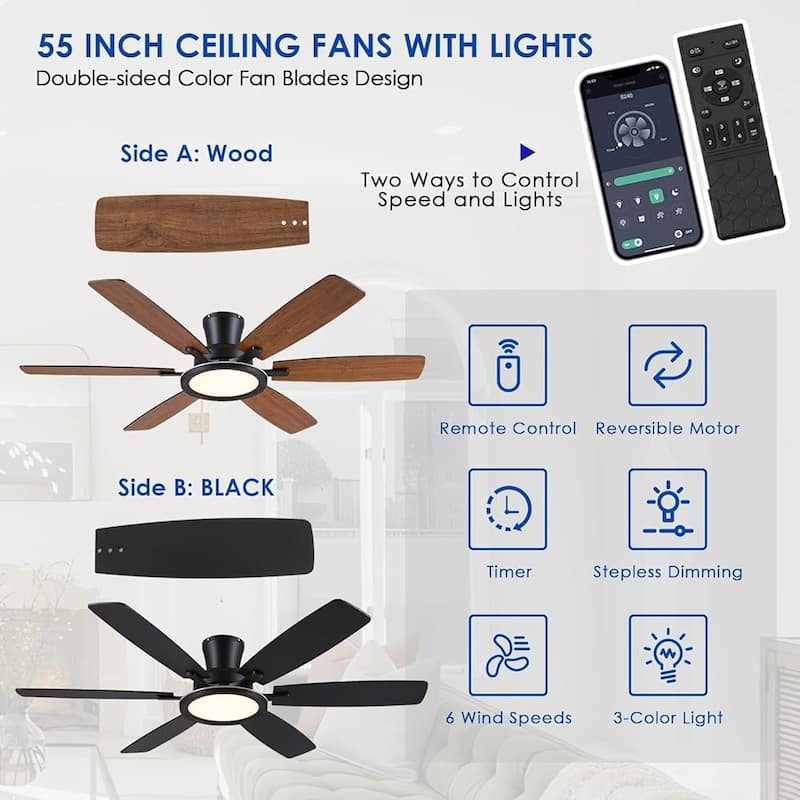 52 Inches RGB Flush Mount Ceiling Fan with Light,Reversible DC Motor for Bedroom Living Room Patio - 52 Inches