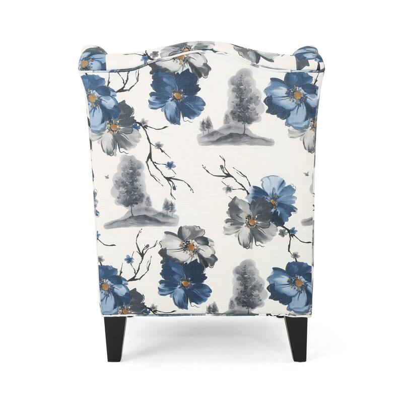 Beige +Blue Flower Modern 28" High-Back Upholstered Club Chair with Birch Wood Legs for Living Room