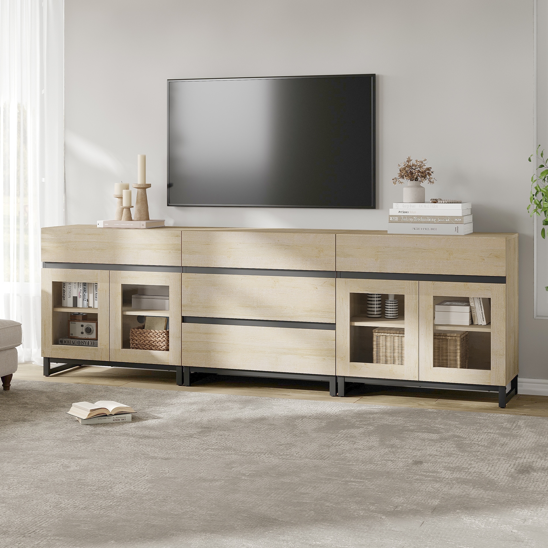 3 In 1 TV Stand for Tvs Up to 100 Inch, Modern TV Console with Glass Doors and 5 Drawers for Living Room, Bedroom
