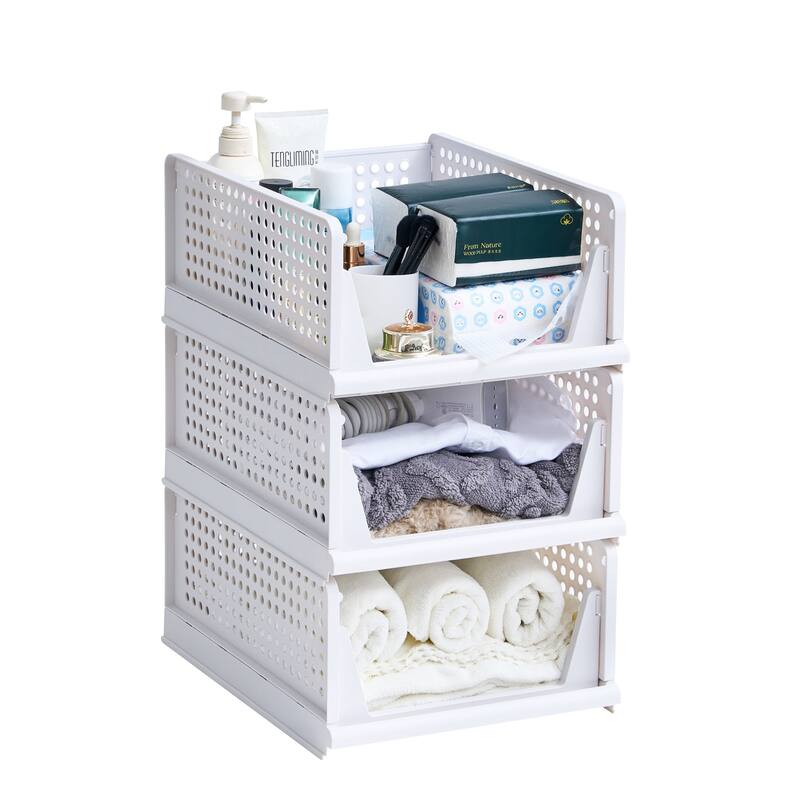 Javlergo 4 Pack Stackable Plastic Storage Basket, L-Size Foldable Closet Organizers and Storage Bins Drawer Shelf - 4-Tier