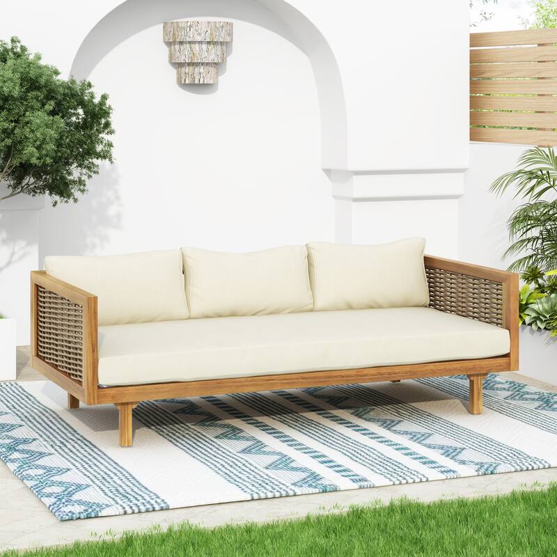 Acacia Wood Daybed with Rattan Arms Slat Paneling and Water Resistant Cushions