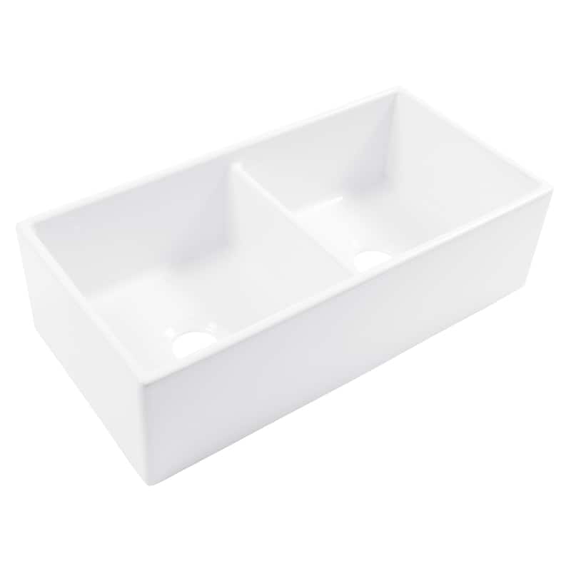 Austen Crisp White Fireclay 36" Double Bowl Farmhouse Apron Front Undermount Kitchen Sink and Drains